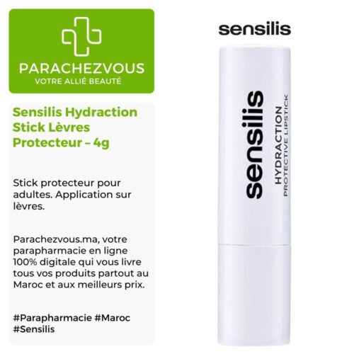 Produit de la marque Sensilis Hydraction Stick Lèvres Protecteur - 4g sur un fond blanc, vert et gris avec un logo Parachezvous et celui de la marque Sensilis ainsi qu'une description qui détail les informations du produit