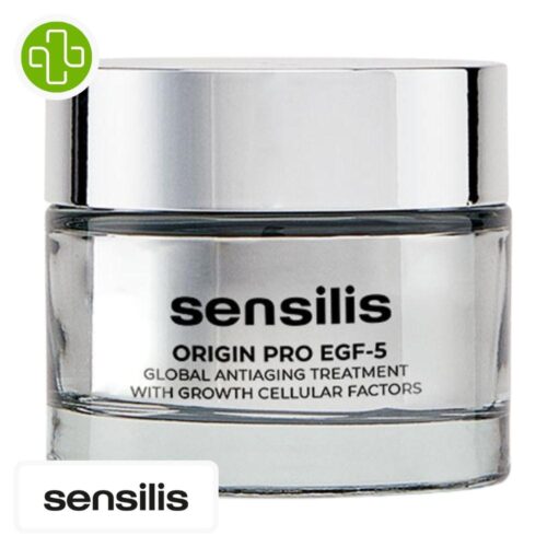 Produit de la marque Sensilis Origin Pro EGF-5 Crème Anti-Âge Raffermissante - 50ml sur un fond blanc avec un logo Parachezvous et celui de de la marque Sensilis