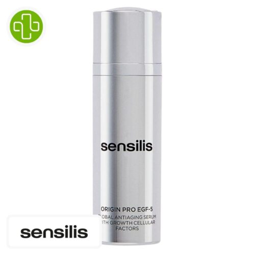 Produit de la marque Sensilis Origin Pro EGF-5 Sérum Anti-Âge Raffermissant - 30ml sur un fond blanc avec un logo Parachezvous et celui de de la marque Sensilis
