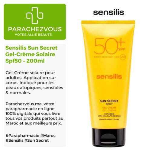 Produit de la marque Sensilis Sun Secret Gel-Crème Solaire Spf50 - 200ml sur un fond blanc, vert et gris avec un logo Parachezvous et celui de la marque Sensilis ainsi qu'une description qui détail les informations du produit