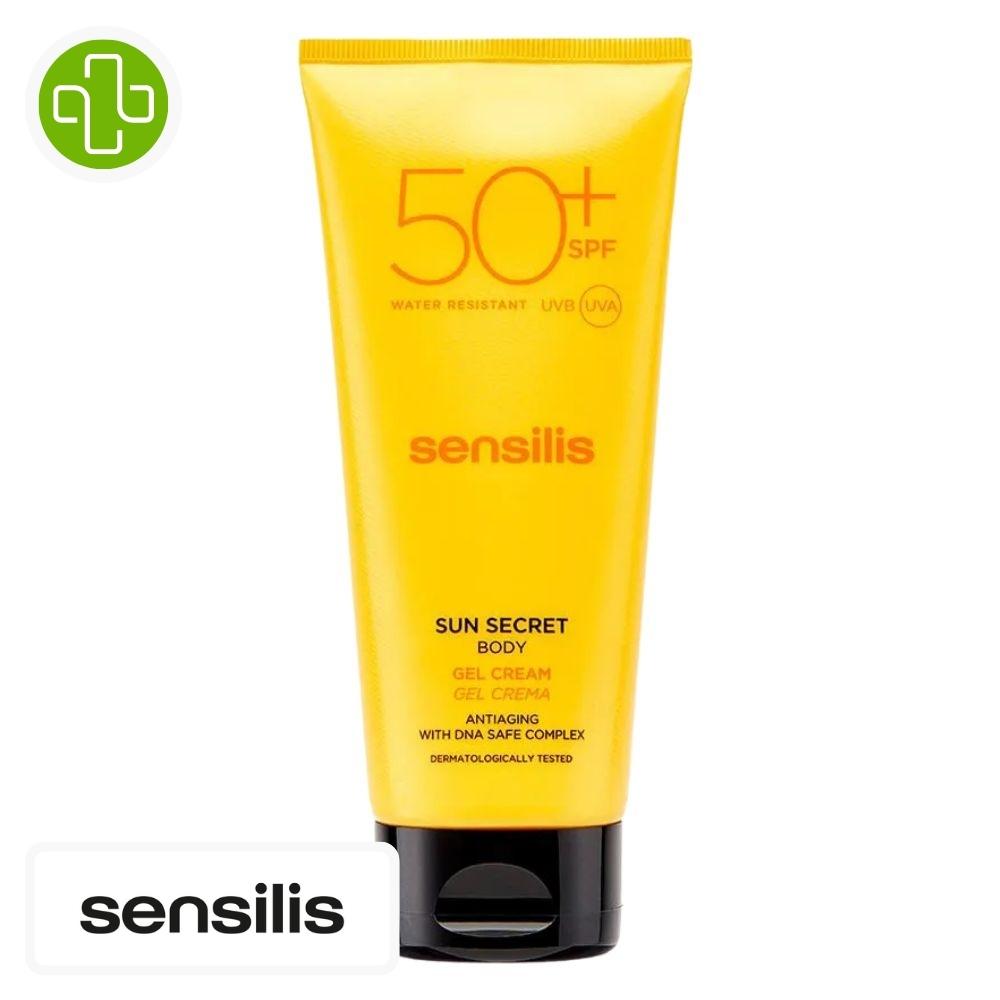 Produit de la marque sensilis sun secret gel-crème solaire spf50 - 200ml sur un fond blanc avec un logo parachezvous et celui de de la marque sensilis