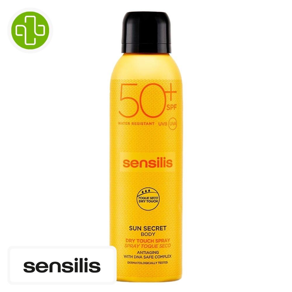 Produit de la marque sensilis sun secret spray solaire toucher sec spf50 - 200ml sur un fond blanc avec un logo parachezvous et celui de de la marque sensilis