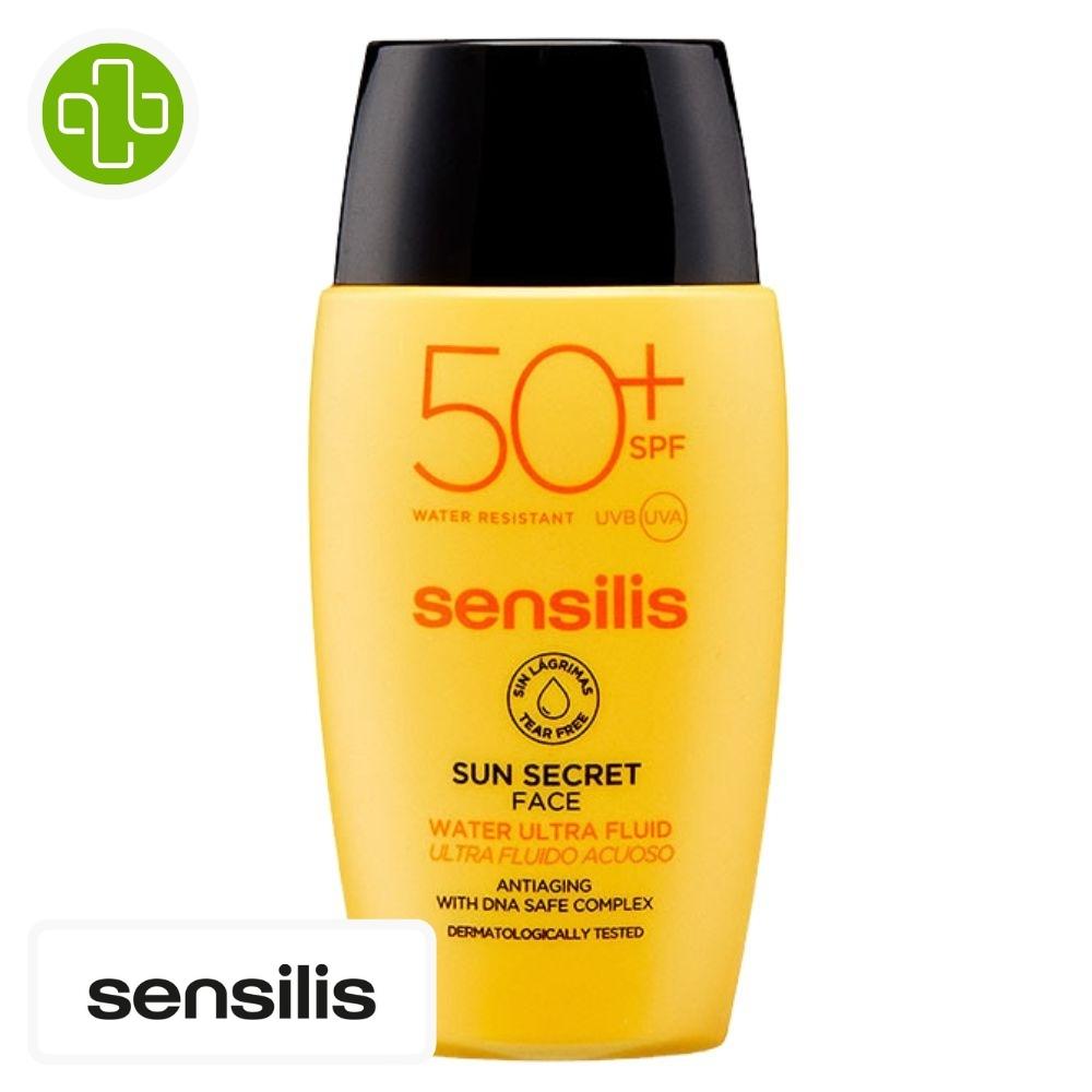 Produit de la marque sensilis sun secret ultra-fluide solaire aqueux spf50 - 50ml sur un fond blanc avec un logo parachezvous et celui de de la marque sensilis
