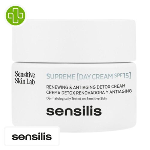 Produit de la marque Sensilis Supreme Crème de Jour Anti-Âge - 50ml sur un fond blanc avec un logo Parachezvous et celui de de la marque Sensilis