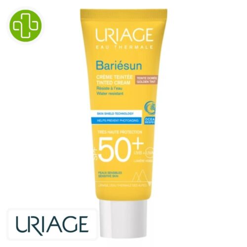 Produit de la marque Uriage Bariésun Crème Solaire Teintée Dorée Spf50 – 50ml sur un fond blanc avec un logo Parachezvous et celui de de la marque Uriage