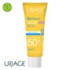 Produit de la marque Uriage Bariésun Crème Solaire Teintée Dorée Spf50 – 50ml sur un fond blanc avec un logo Parachezvous et celui de de la marque Uriage