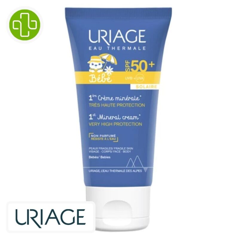 Produit de la marque Uriage Bébé 1ère Crème Solaire Minérale Spf50 - 50ml sur un fond blanc avec un logo Parachezvous et celui de de la marque Uriage