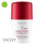 Produit de la marque Vichy Déodorant Clinical Control Détranspirant 96h Roll-On Bille - 50ml sur un fond blanc avec un logo Parachezvous et celui de de la marque Vichy