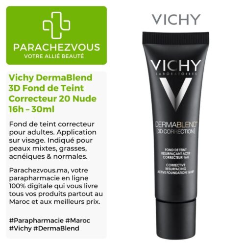 Produit de la marque Vichy DermaBlend 3D Fond de Teint Correcteur 20 Nude 16h - 30ml sur un fond blanc, vert et gris avec un logo Parachezvous et celui de la marque Vichy ainsi qu'une description qui détail les informations du produit