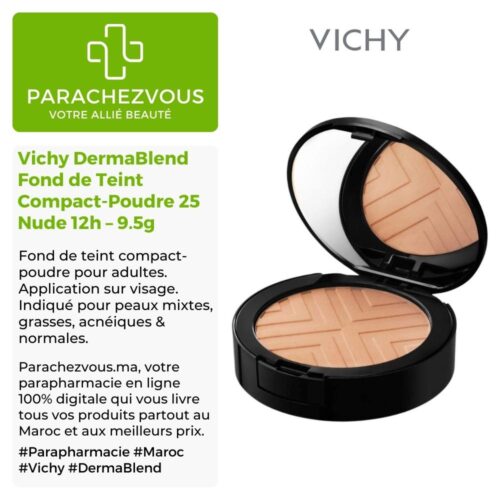 Produit de la marque Vichy DermaBlend Covermatte Fond de Teint Compact-Poudre 25 Nude 12h - 9.5g sur un fond blanc, vert et gris avec un logo Parachezvous et celui de la marque Vichy ainsi qu'une description qui détail les informations du produit