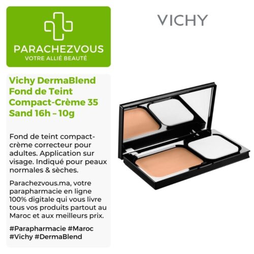 Produit de la marque Vichy DermaBlend Fond de Teint Compact-Crème Correcteur 35 Sand 16h - 10g sur un fond blanc, vert et gris avec un logo Parachezvous et celui de la marque Vichy ainsi qu'une description qui détail les informations du produit