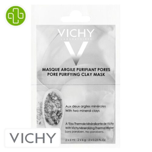 Produit de la marque Vichy Masque Argile Purifiant Pores Gris - 2x6ml sur un fond blanc avec un logo Parachezvous et celui de de la marque Vichy