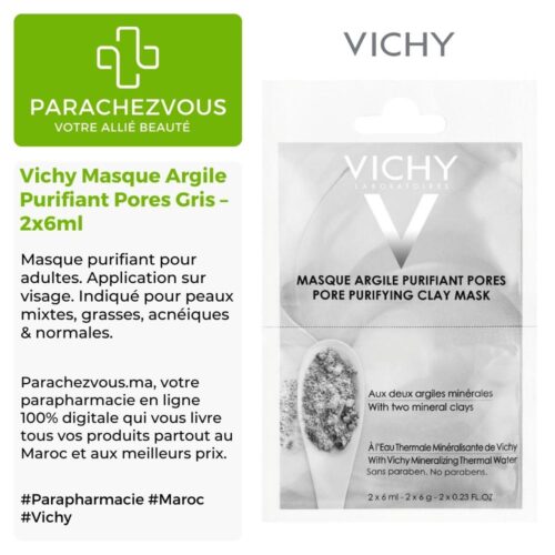 Produit de la marque Vichy Masque Argile Purifiant Pores Gris - 2x6ml sur un fond blanc, vert et gris avec un logo Parachezvous et celui de la marque Vichy ainsi qu'une description qui détail les informations du produit