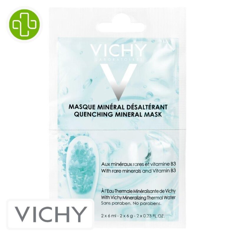 Produit de la marque vichy masque minéral désaltérant bleu - 2x6ml sur un fond blanc avec un logo parachezvous et celui de de la marque vichy