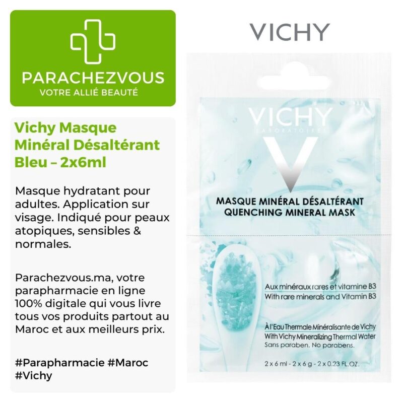 Produit de la marque vichy masque minéral désaltérant bleu - 2x6ml sur un fond blanc, vert et gris avec un logo parachezvous et celui de la marque vichy ainsi qu'une description qui détail les informations du produit
