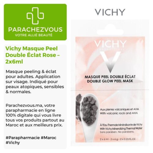 Produit de la marque Vichy Masque Peel Double Éclat Rose - 2x6ml sur un fond blanc, vert et gris avec un logo Parachezvous et celui de la marque Vichy ainsi qu'une description qui détail les informations du produit