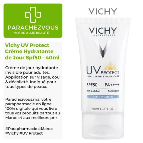 Produit de la marque Vichy UV Protect Crème Hydratante de Jour Invisible Anti-Brillance Spf50 - 40ml sur un fond blanc, vert et gris avec un logo Parachezvous et celui de la marque Vichy ainsi qu'une description qui détail les informations du produit