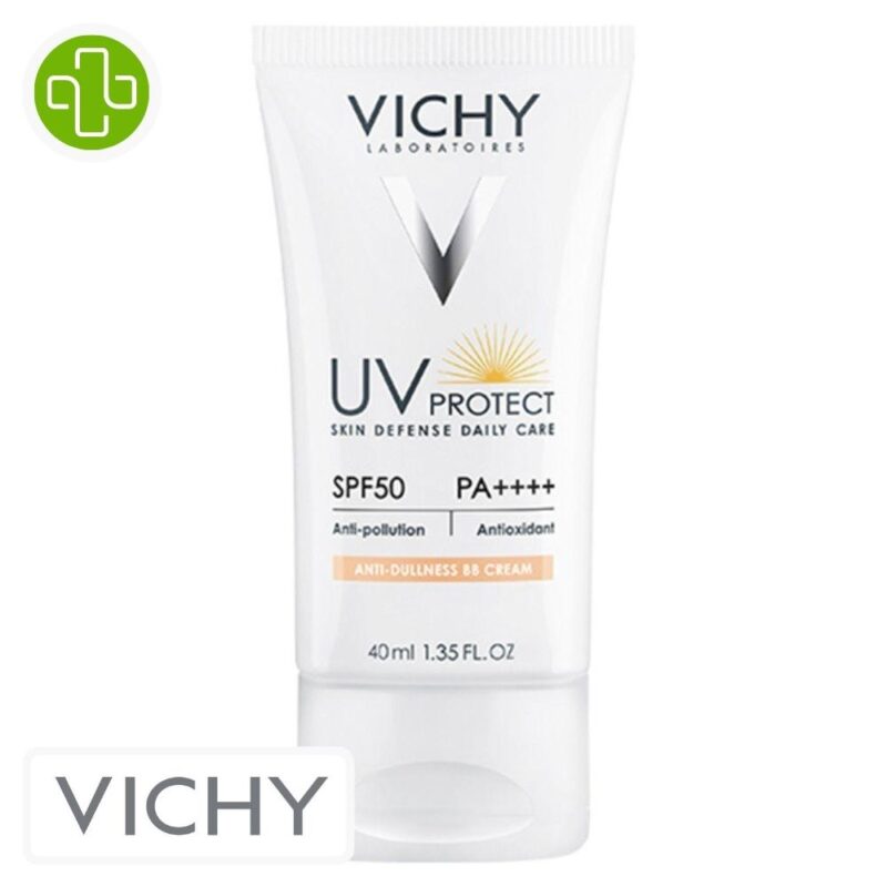 Produit de la marque vichy uv protect crème hydratante de jour teintée bb anti-teint terne spf50 - 40ml sur un fond blanc avec un logo parachezvous et celui de de la marque vichy