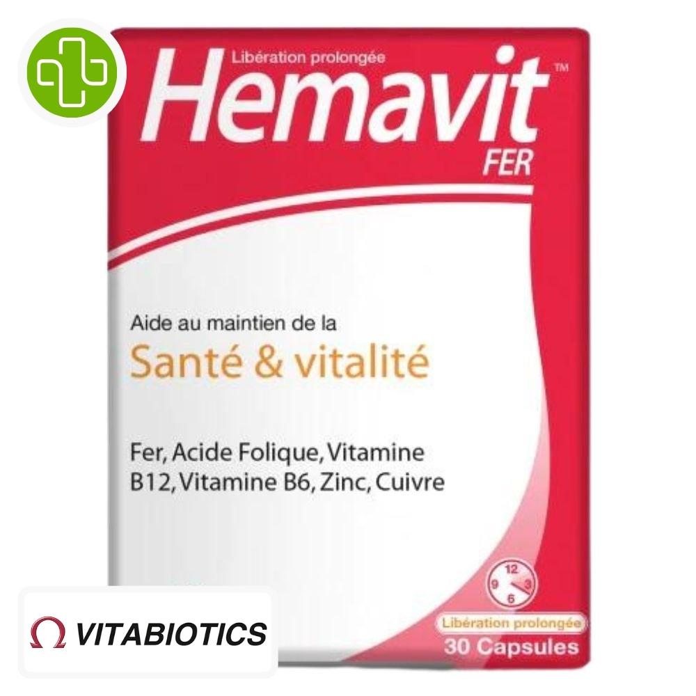 Produit de la marque Vitabiotics Hemavit Fer Santé & Vitalité - 30 comprimés sur un fond blanc avec un logo Parachezvous et celui de de la marque Vitabiotics
