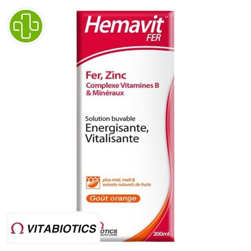 Produit de la marque Vitabiotics Hemavit Liquide Sirop Fer, Zinc Énergisante & Vitalisante - 200ml sur un fond blanc avec un logo Parachezvous et celui de de la marque Vitabiotics