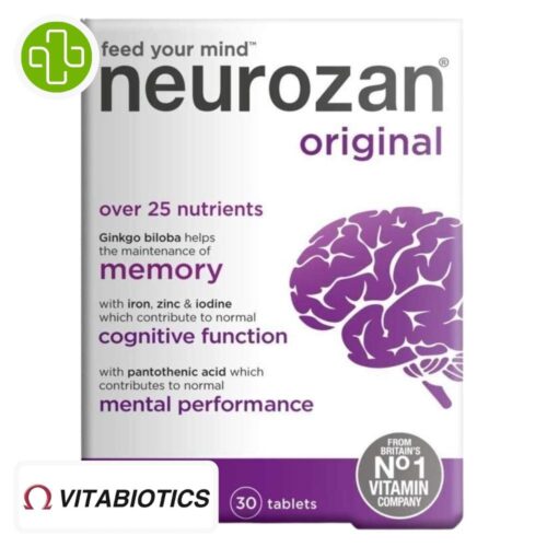 Produit de la marque Vitabiotics Neurozan Original Mémoire Fonctions Cognitives - 30 comprimés sur un fond blanc avec un logo Parachezvous et celui de de la marque Vitabiotics