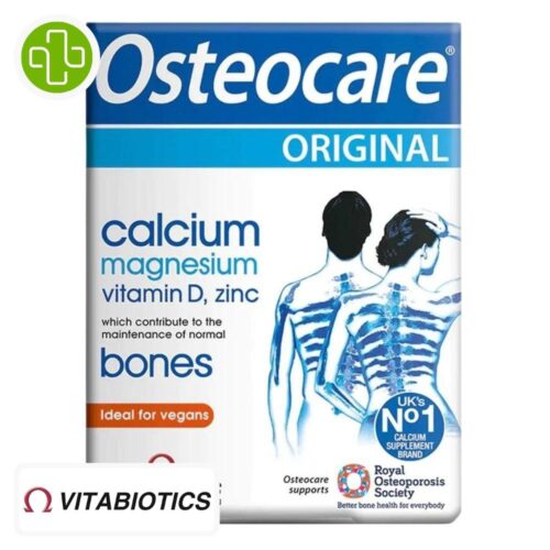 Produit de la marque Vitabiotics Osteocare Original Calcium Magnésium & Vitamine D3 - 30 comprimés sur un fond blanc avec un logo Parachezvous et celui de de la marque Vitabiotics