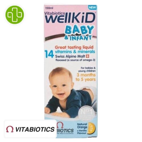 Produit de la marque Vitabiotics Wellkid Bébé & Enfant Liquide Sirop 14 Vitamines - 150ml sur un fond blanc avec un logo Parachezvous et celui de de la marque Vitabiotics