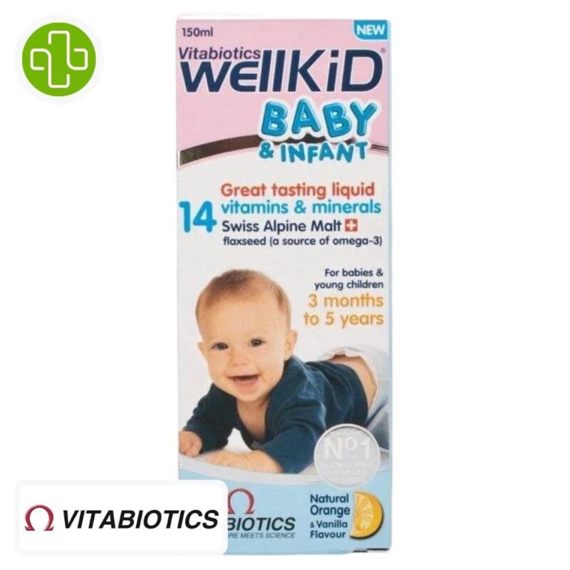 Produit de la marque vitabiotics wellkid bébé & enfant liquide sirop 14 vitamines - 150ml sur un fond blanc avec un logo parachezvous et celui de de la marque vitabiotics