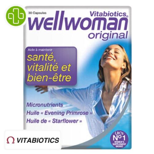 Produit de la marque Vitabiotics Wellwoman Original Santé, Vitalité & Bien-être - 30 comprimés sur un fond blanc avec un logo Parachezvous et celui de de la marque Vitabiotics
