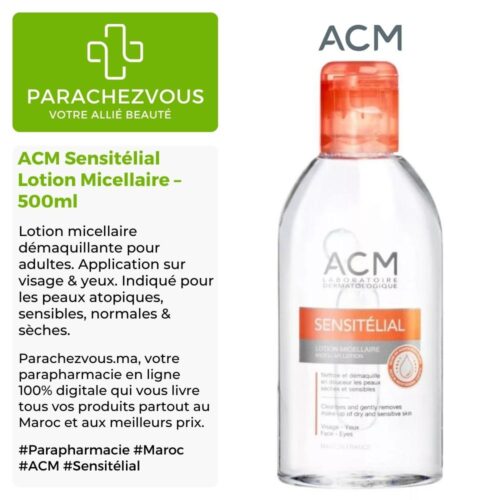 Produit de la marque ACM Sensitélial Lotion Micellaire - 500ml sur un fond blanc, vert et gris avec un logo Parachezvous et celui de la marque ACM ainsi qu'une description qui détail les informations du produit