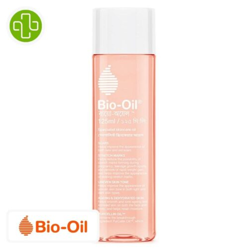 Produit de la marque Bio-Oil Huile de Soin Cicatrices & Vergetures - 200ml sur un fond blanc avec un logo Parachezvous et celui de de la marque Bio-Oil