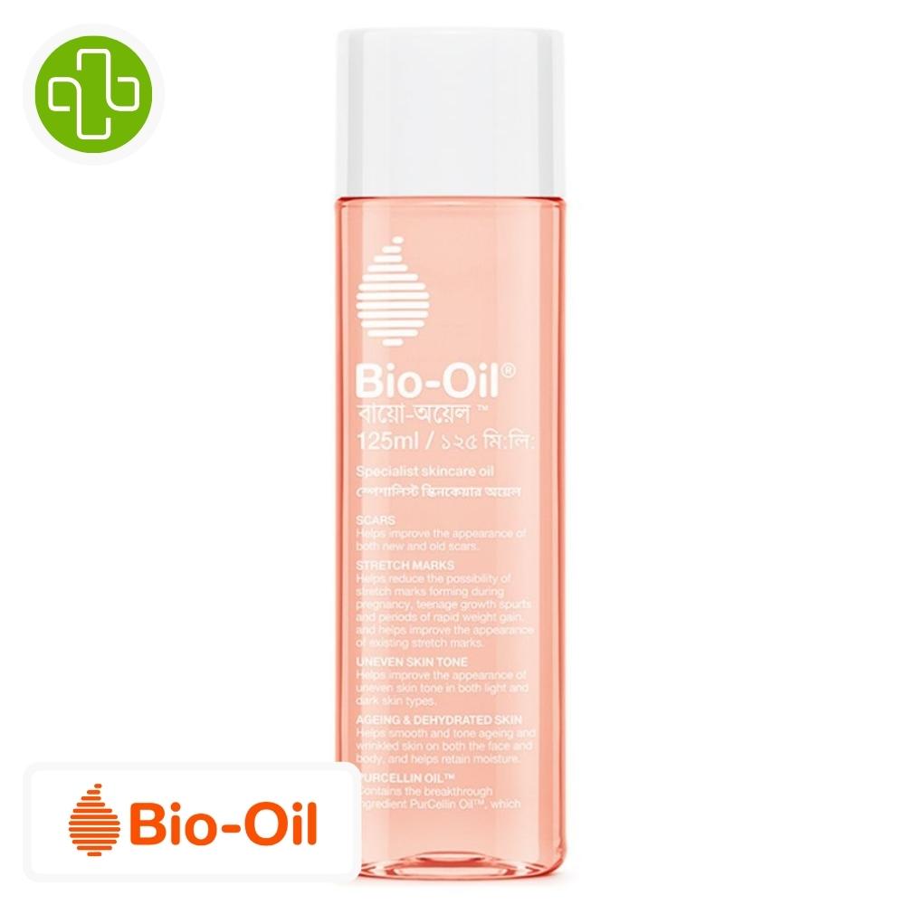 Produit de la marque bio-oil huile de soin cicatrices & vergetures - 200ml sur un fond blanc avec un logo parachezvous et celui de de la marque bio-oil