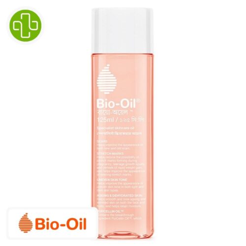 Produit de la marque Bio-Oil Huile de Soin Cicatrices & Vergetures - 60ml sur un fond blanc avec un logo Parachezvous et celui de de la marque Bio-Oil