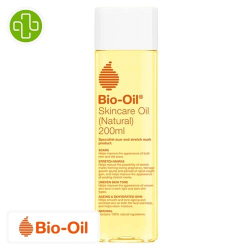 Produit de la marque Bio-Oil Huile de Soin Cicatrices & Vergetures Naturelle - 200ml sur un fond blanc avec un logo Parachezvous et celui de de la marque Bio-Oil