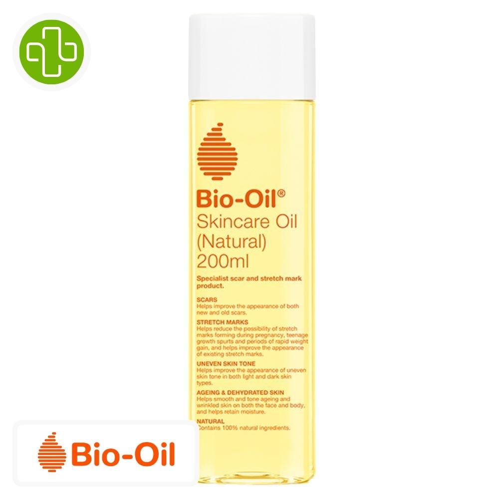 Produit de la marque bio-oil huile de soin cicatrices & vergetures naturelle - 200ml sur un fond blanc avec un logo parachezvous et celui de de la marque bio-oil