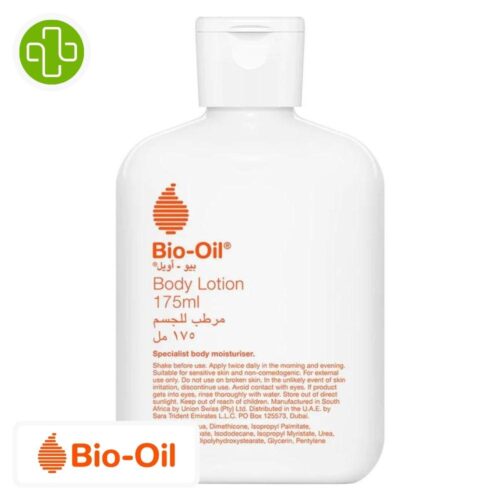 Produit de la marque Bio-Oil Lotion Hydratante Corporelle - 175ml sur un fond blanc avec un logo Parachezvous et celui de de la marque Bio-Oil