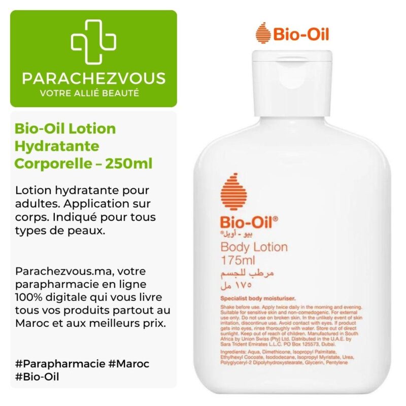 Produit de la marque bio-oil lotion hydratante corporelle - 250ml sur un fond blanc, vert et gris avec un logo parachezvous et celui de la marque bio-oil ainsi qu'une description qui détail les informations du produit