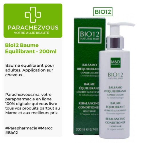 Produit de la marque bio12 baume équilibrant - 200ml sur un fond blanc, vert et gris avec un logo parachezvous et celui de la marque bio12 ainsi qu'une description qui détail les informations du produit