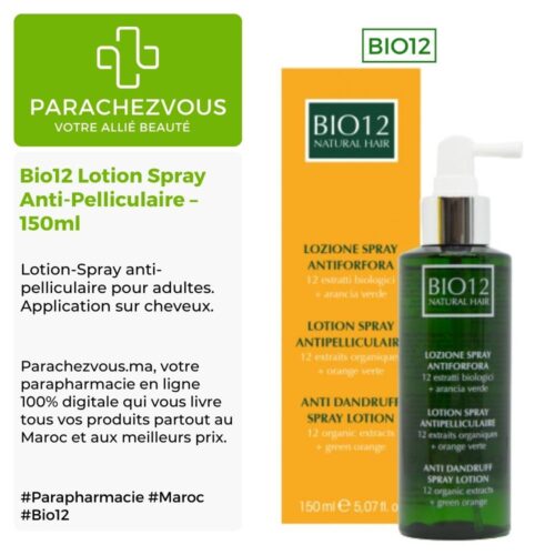 Produit de la marque Bio12 Lotion Spray Anti-Pelliculaire - 150ml sur un fond blanc, vert et gris avec un logo Parachezvous et celui de la marque Bio12 ainsi qu'une description qui détail les informations du produit