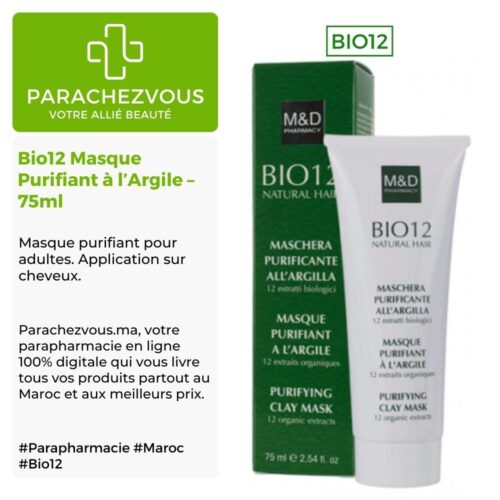 Produit de la marque bio12 masque purifiant à l'argile - 75ml sur un fond blanc, vert et gris avec un logo parachezvous et celui de la marque bio12 ainsi qu'une description qui détail les informations du produit