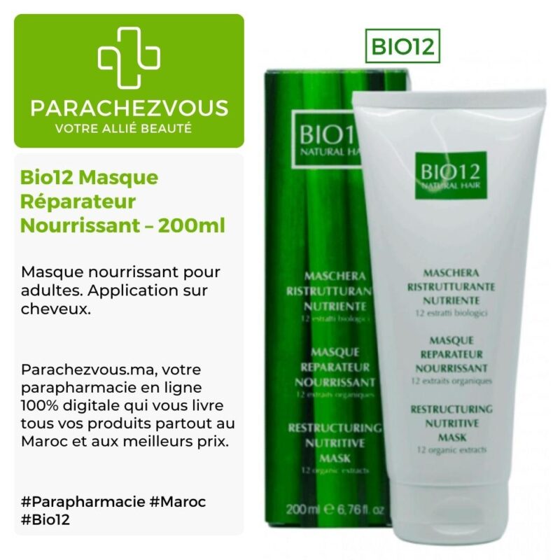 Produit de la marque bio12 masque réparateur nourrissant - 200ml sur un fond blanc, vert et gris avec un logo parachezvous et celui de la marque bio12 ainsi qu'une description qui détail les informations du produit
