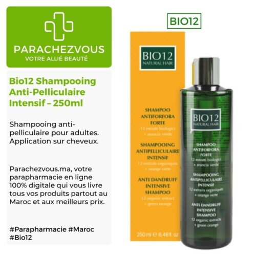 Produit de la marque Bio12 Shampooing Anti-Pelliculaire Intensif - 250ml sur un fond blanc, vert et gris avec un logo Parachezvous et celui de la marque Bio12 ainsi qu'une description qui détail les informations du produit