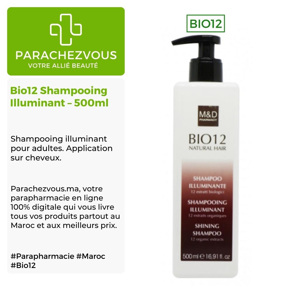 Produit de la marque bio12 shampooing illuminant - 500ml sur un fond blanc, vert et gris avec un logo parachezvous et celui de la marque bio12 ainsi qu'une description qui détail les informations du produit