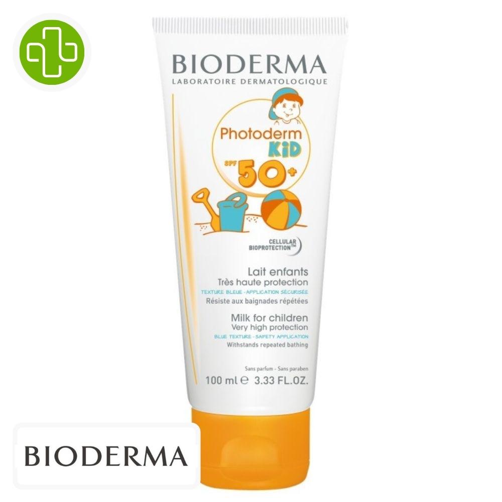Produit de la marque bioderma photoderm kid lait solaire enfants spf50 - 100ml sur un fond blanc avec un logo parachezvous et celui de de la marque bioderma