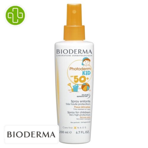 Produit de la marque Bioderma Photoderm Kid Spray Solaire Enfants Spf50 - 200ml sur un fond blanc avec un logo Parachezvous et celui de de la marque Bioderma