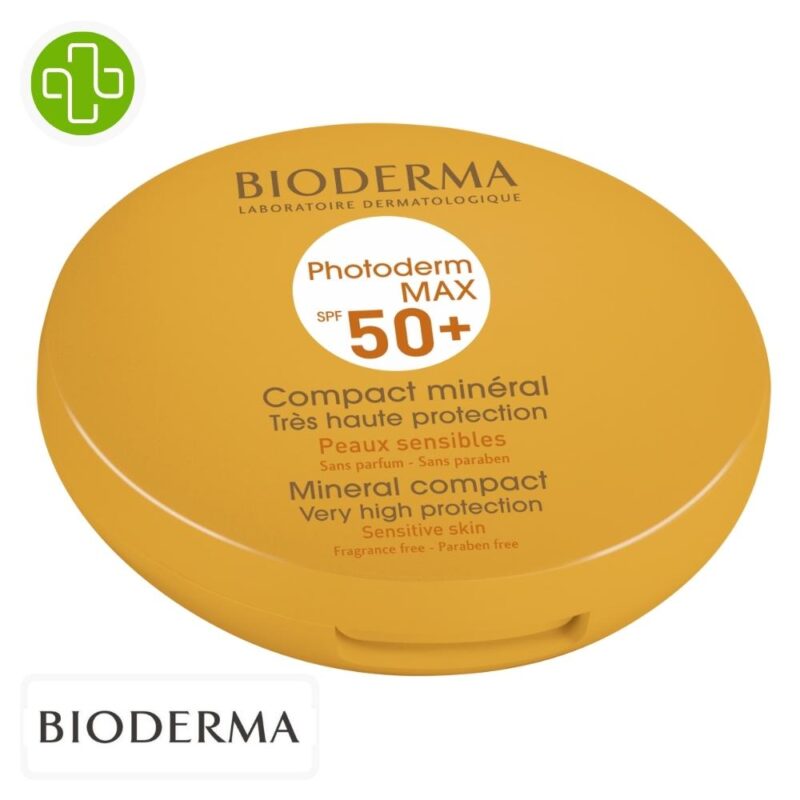 Produit de la marque bioderma photoderm max compact solaire teinté doré spf50 - 10g sur un fond blanc avec un logo parachezvous et celui de de la marque bioderma