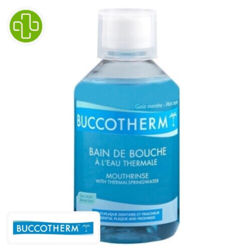 Produit de la marque Buccotherm Bain de Bouche Sans Alcool - 300ml sur un fond blanc avec un logo Parachezvous et celui de de la marque Buccotherm