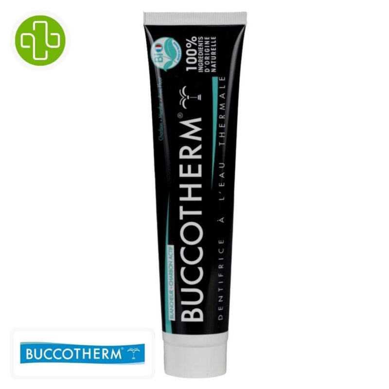 Produit de la marque buccotherm dentifrice blancheur au charbon actif - 75ml sur un fond blanc avec un logo parachezvous et celui de de la marque buccotherm