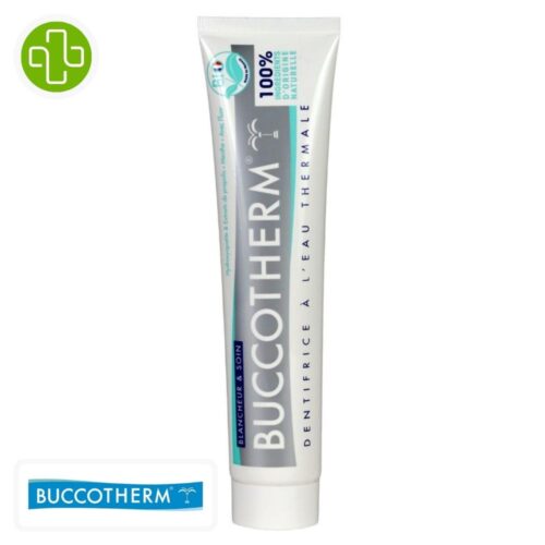 Produit de la marque Buccotherm Dentifrice Blancheur & Soin - 75ml sur un fond blanc avec un logo Parachezvous et celui de de la marque Buccotherm