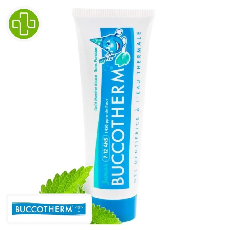 Produit de la marque buccotherm dentifrice junior 7-12ans menthe - 50ml sur un fond blanc avec un logo parachezvous et celui de de la marque buccotherm